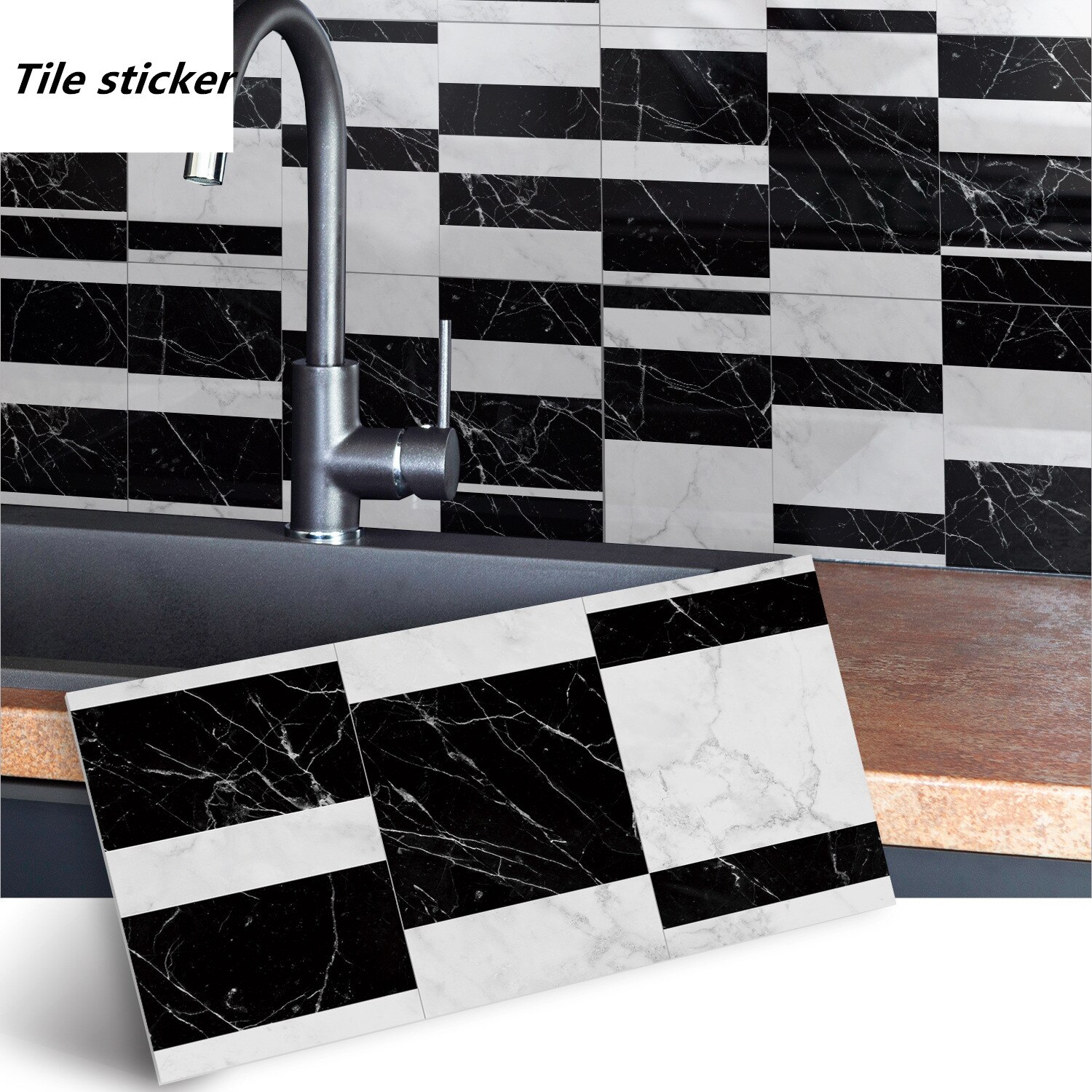 Mosaic marble kitchen background wall tile sticker 30x15cm Thickened bathroom waterproof white black brick stickers