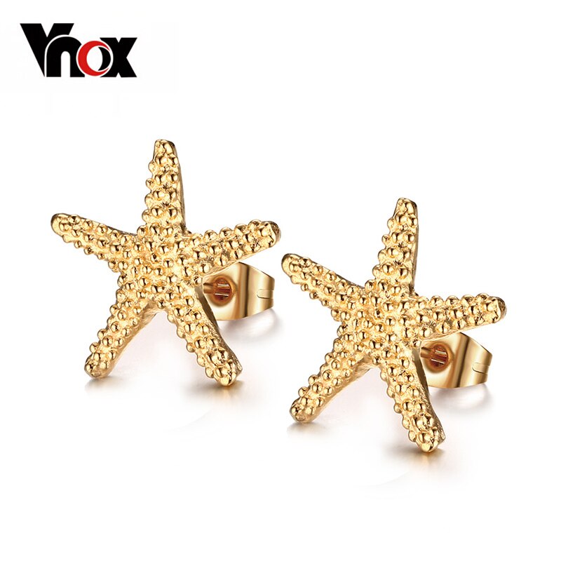 Vnox Gold-color Starfish Stud Earrings Lovely Ocean Star Stainless Steel Not allergic