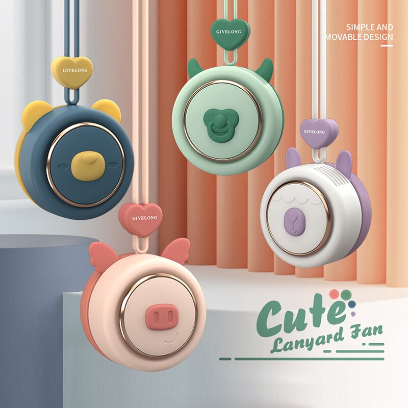 2021 nowy 1PC mini bezłopatkowy opaska na szyję wentylator bezprzewodowy słodkie zwierzątko wiszące liny przenośne wentylatory ładowania USB 3rd koła zębate prędkości wentylować