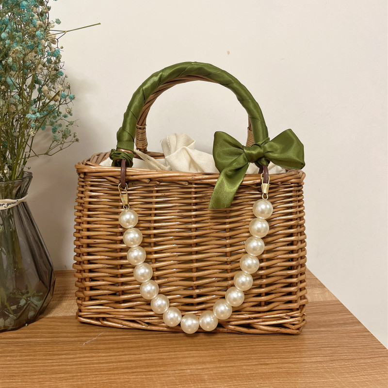 Bolso tejido de mimbre para mujer, organizador de escritorio de ratán, de boda, bolso femenino, cesta con decoración de cinta: Square pearl green