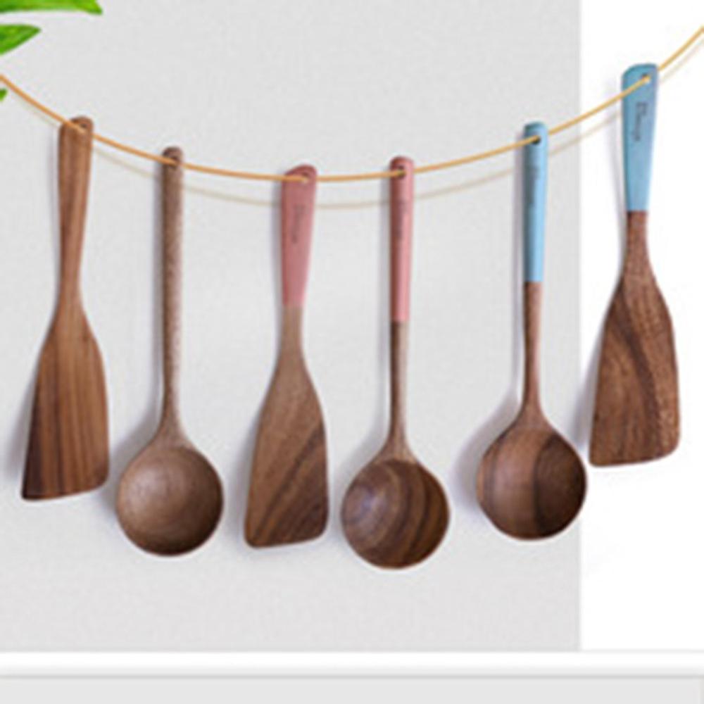 Retro houten kooklepel schep zwarte walnoot keukenaccessoires set keukenbenodigdheden houten schep