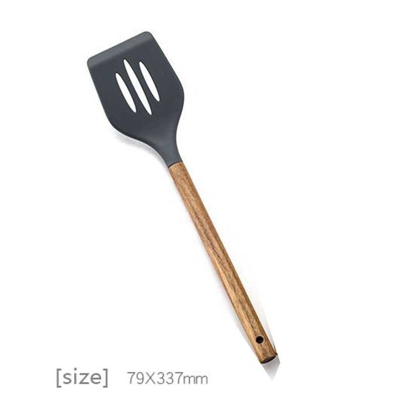 Kitchen Utensils Silica Gel Cooking Spoon Leaky Spoon Acacia Wood Spatula Wooden Handle Silicone Kitchenware Set Spatula: style 2