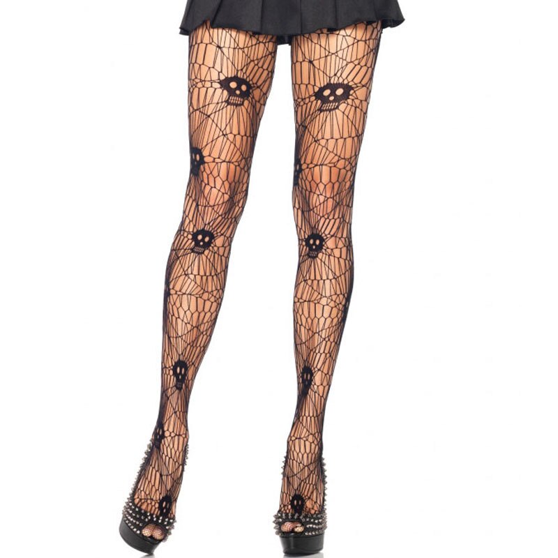 Spindelvæv kranie elastisk gotisk rockabilly dame kraniet netstrømper halloween fest kostume hold op strømper fancy dress up: Mrp 5333- sort
