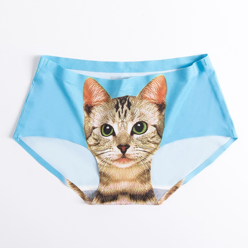 Sexy 3D Cat Panties Lace Underwear Women Cute Seamless Briefs Female Mid-rise Cotton Underpants Transparent Lingerie Intimates: Blue / L