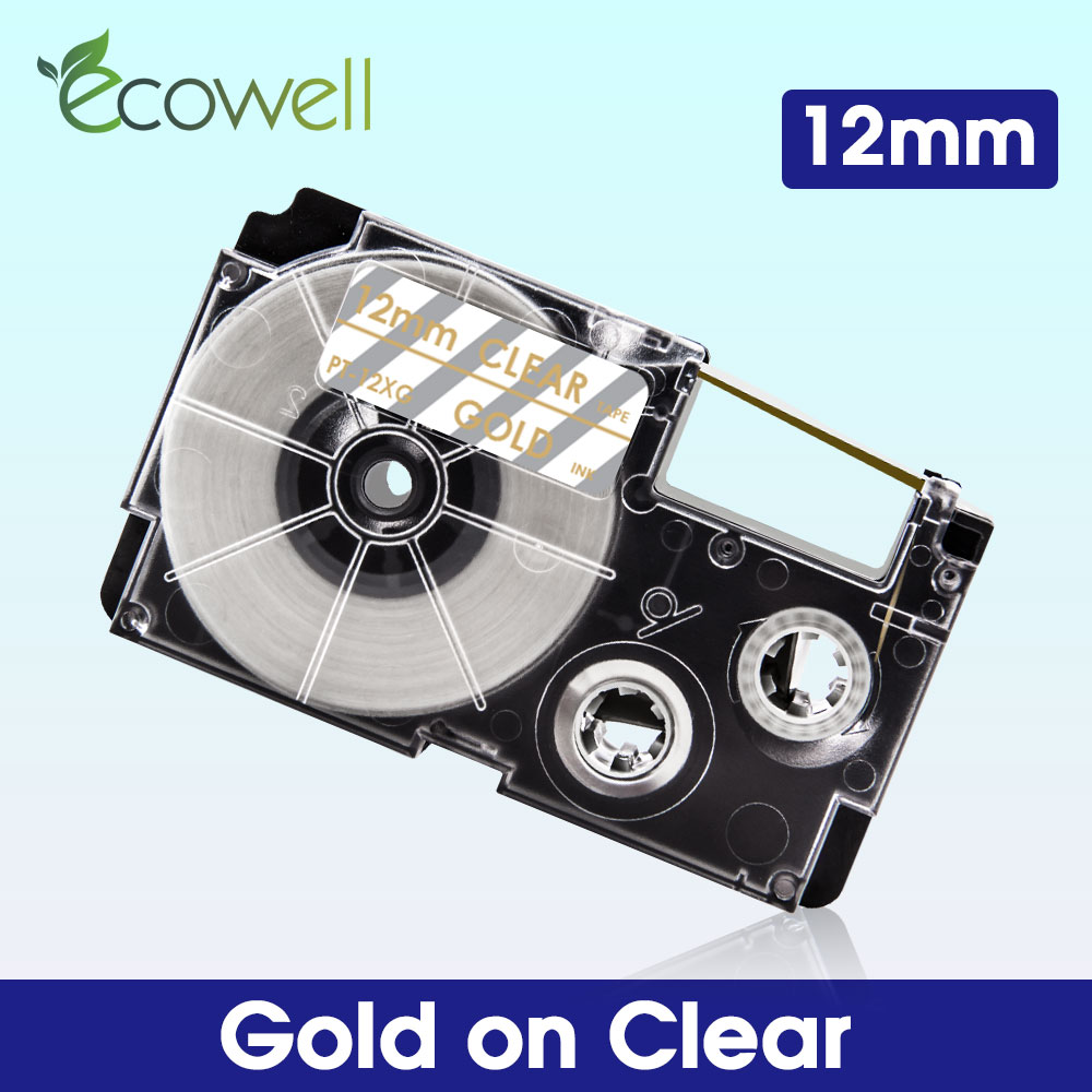 Ecowell 18Colors XR-12WE For Casio 12mm XR 12WE XR-12X XR-12RD XR-12BU XR-12YW XR-12GN label tape for Casio KL-60 KL-120 printer: Gold on Clear