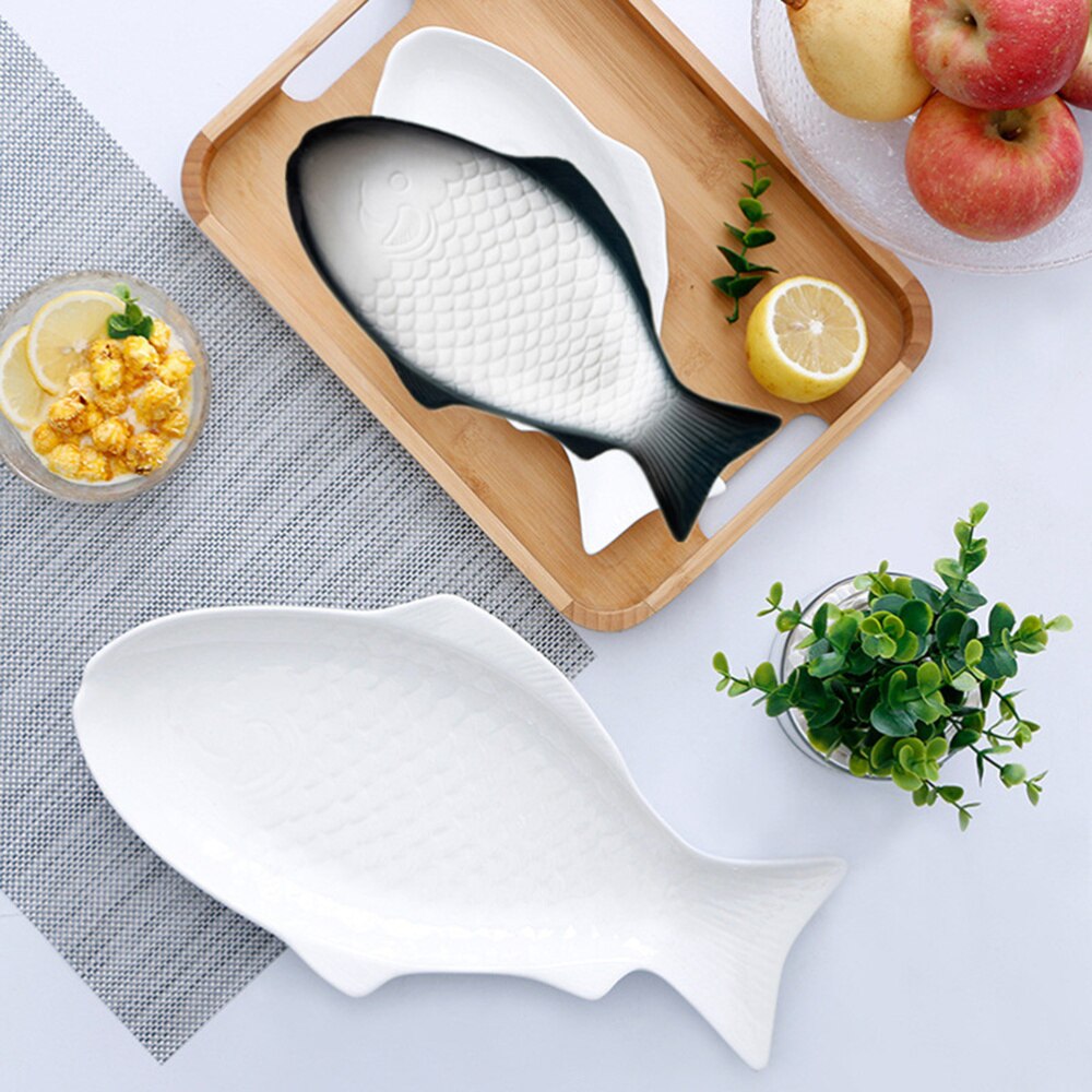 Ceramic Tableware Plate Fish Shaped Dish Snack Storage Fish Pan for Restaurant Home Dinner (11 Inches + White)
