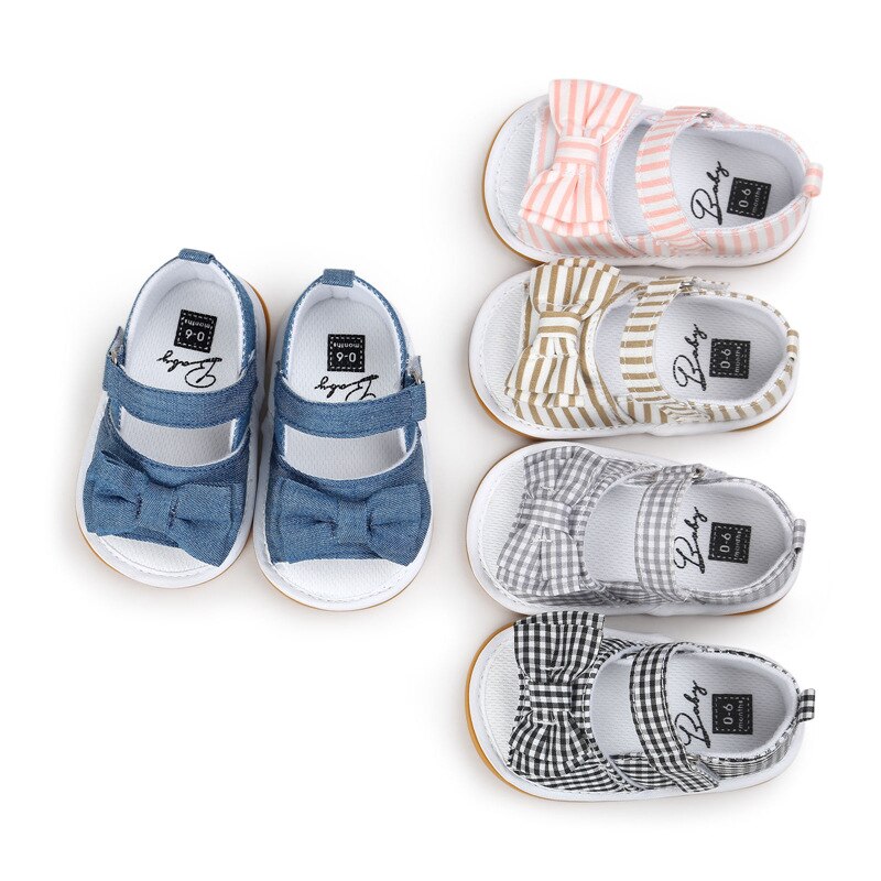 Peuter babymeisjes schoenen schattig mooie zomer katoenen stoffen sandalen gestreept geruit denim strik antislip zacht 0-18m klompen