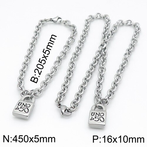 femmes hommes couleur argent or acier inoxydable serrure ronde clé Uno 50 boule perle Bracelet collier ensembles de bijoux: 18