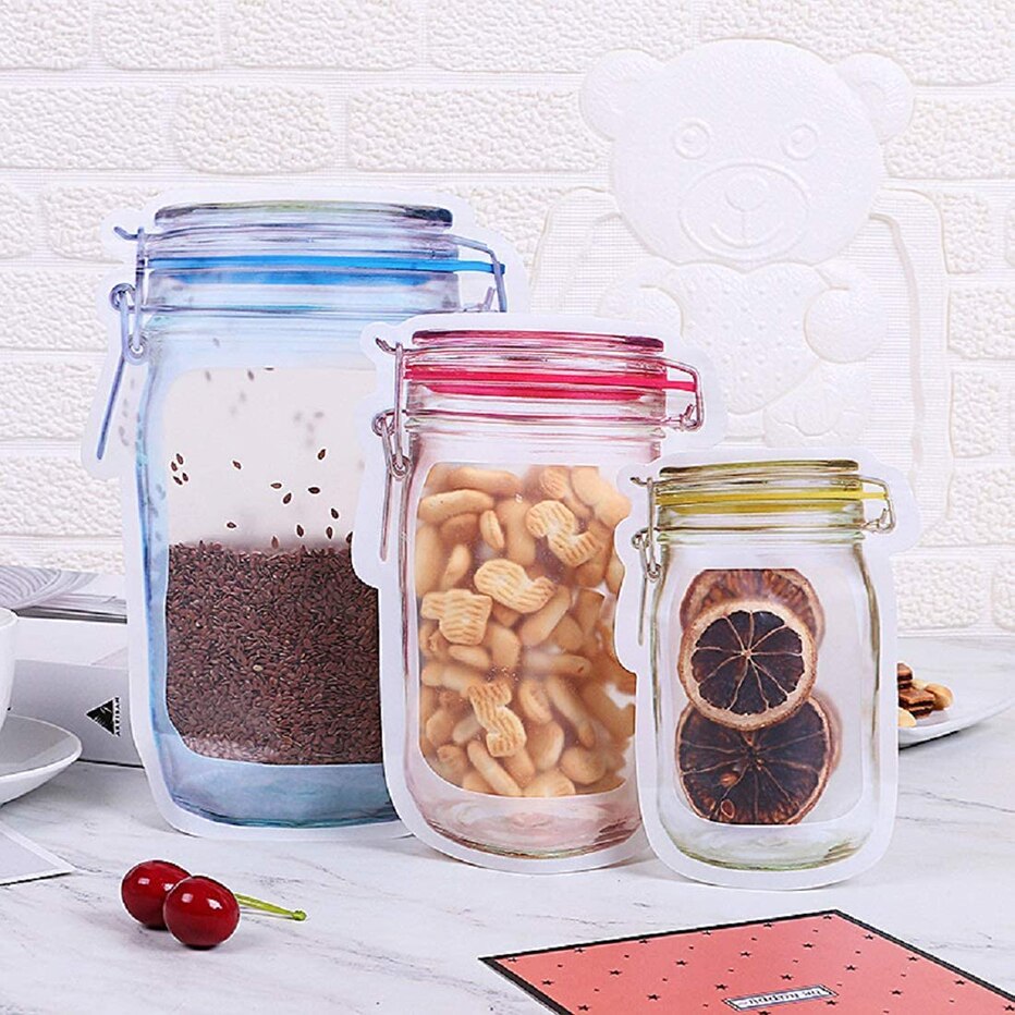 Mason Jar-bolsas de almacenamiento con forma de tarro, para aperitivos, galletas, dulces, frescas, con cierre y cremallera, organizador de pie