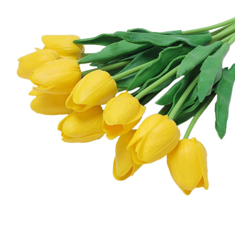 10Pcs Geel Latex Real Touch Tulp Bloem Met Bladeren Voor Bruiloft Boeket Versieren