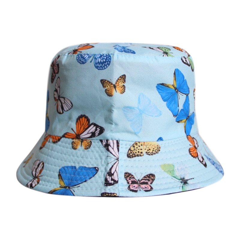 Chapeau bob imprimé papillon pour femme, panama blanc, chapeau de pêche réversible d'été, casquette seau hip-hop, chapeau femme: Bleu