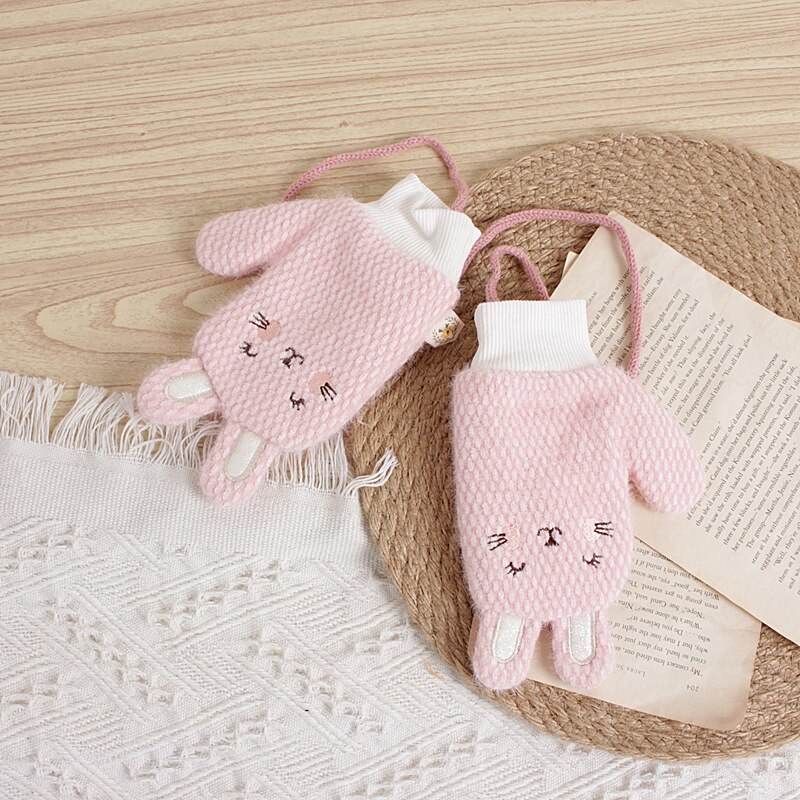 Girl Gloves Korean-Style Cartoon Bear Rabbit Children's Knitted Winter Warm Baby Halter Knitting Wool Gloves 2-6T: AH2754 pink