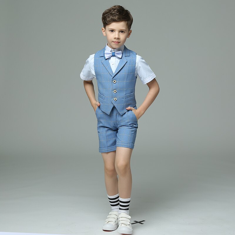 nuevos trajes de niños a cuadros azul claro chaleco establece trajes de boda para niños esmoquin ropa de boda para chicos terno meninos: vest shorts set / 4 años