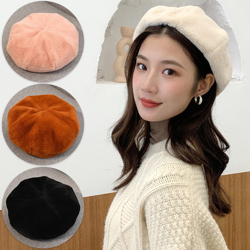 Autumn Winter Beret Women's Hat Korean Style Plush Warm Retro British Women Plush Painter's Hat