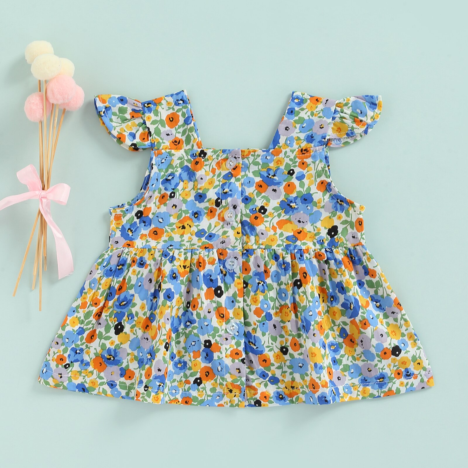 Bebê da criança menina verão topos flor impressão voar manga quadrado pescoço botão fechamento a linha camiseta casual