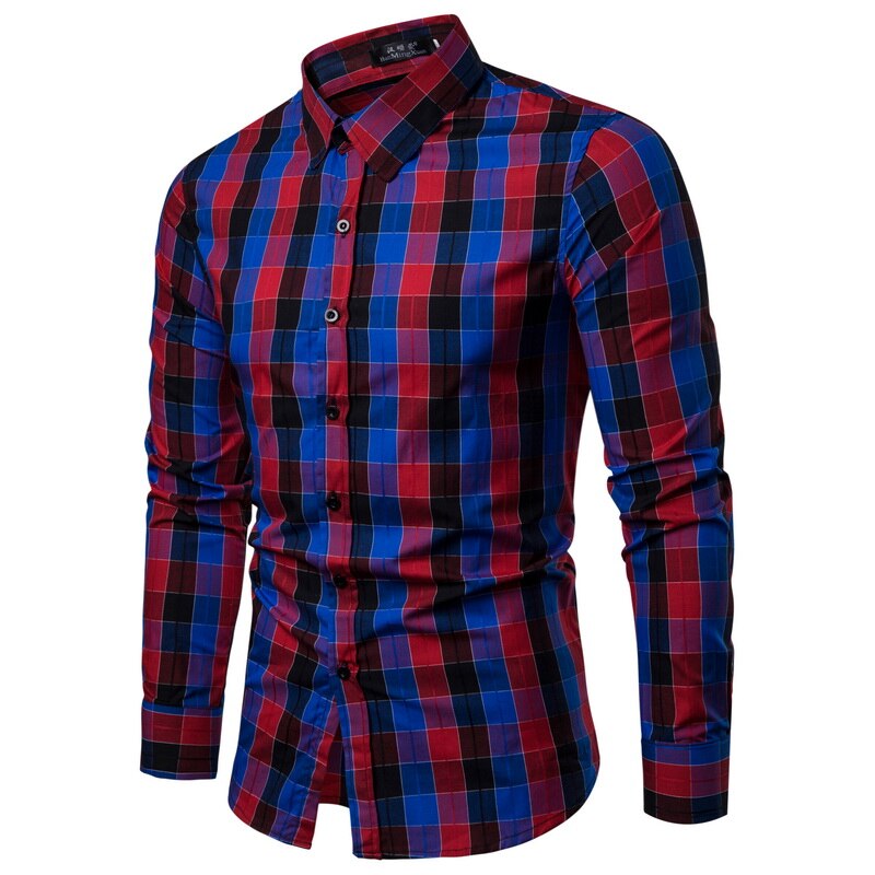 WSGYJ Men Plaid Shirt Long Sleeve Shirts Casual Multi-color Checkered Cotton Chemise Homme: Red Shirt / Asian XL