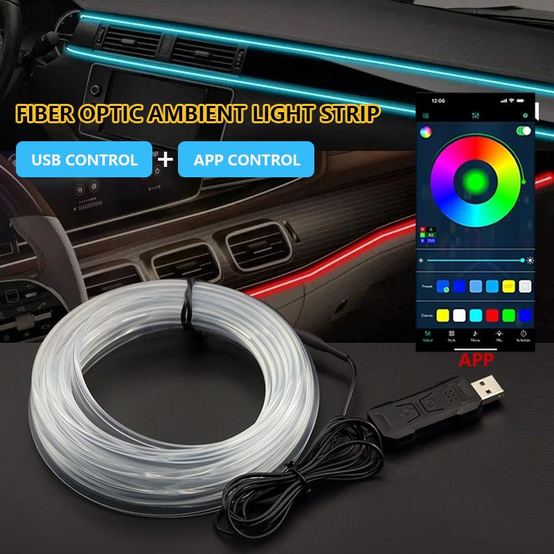 Bande lumineuse LED RGB pour intérieur de voiture, 2/3/4/5M, bande lumineuse d'ambiance, USB, Fiber optique, support de lampe d'ambiance, contrôle sans fil par application