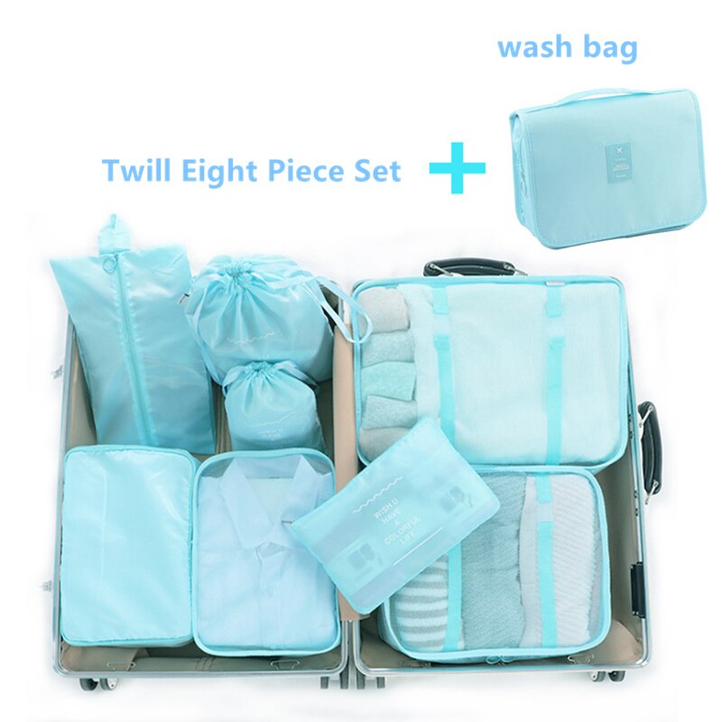 9 stk / sæt kuffert organisere opbevaringstaske bærbar kosmetikpose tøj undertøj sko pakningssæt rejse makeup taske: Lyseblå