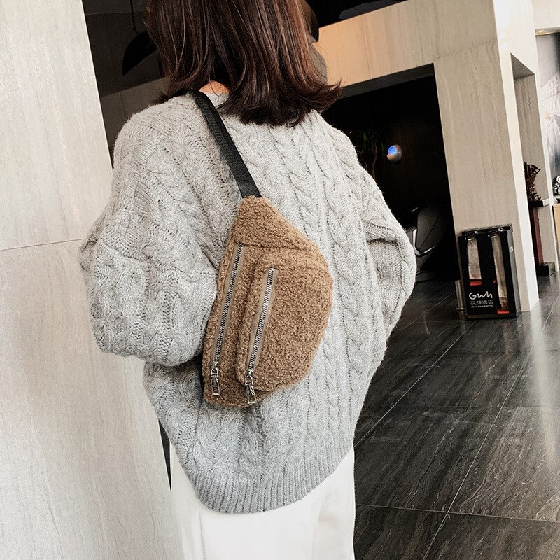 Moda Crossbody torby dla kobiet jagnięta wełna pojedyncze ramię krzyż torba na klatkę piersiowa słodkie pluszowe panie talii torba puszyste kobiece torebki