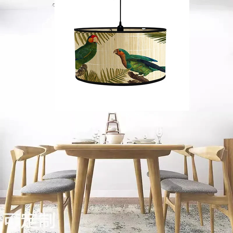 Nordische Trommel Lampen schirme Vintage Bambus Lampen abdeckung Blumen vögel Muster Tisch Stehlampen Pendel leuchte Cafe Home Homes tay Dekor