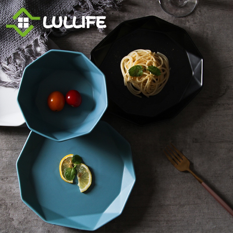 Geometric Ceramic Dinner Plates Hexagonal Dishes and Plates Sets Fruit Food Bowl Home Decorative Dinner Set Blue White Black
