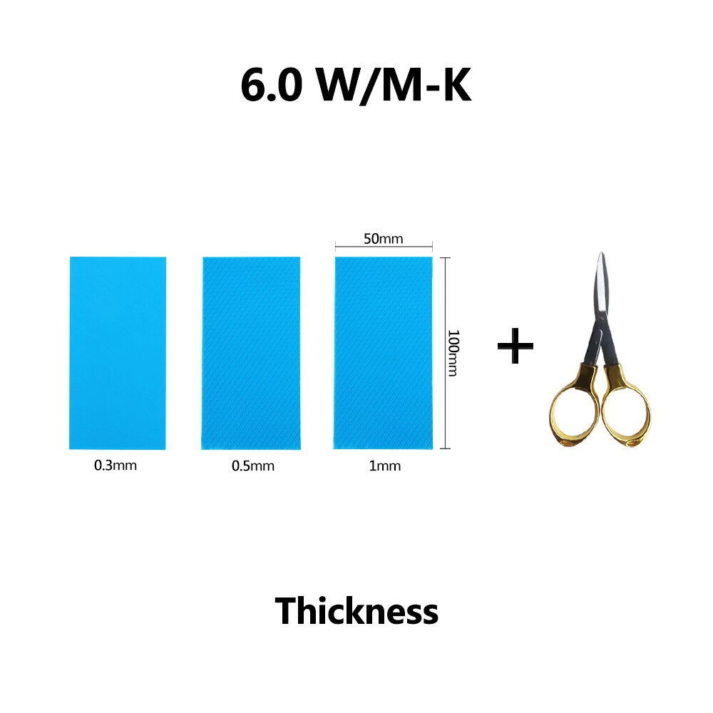 Computer GPU CPU Heatsink Cooling Conductive Silicone Thermal Pad 3Pcs 100mm*50mm Thickness 0.3/0.5/1mm conductivity 6/10W/M-K: 3pcsx6.0W x scissors