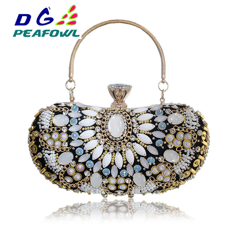 Vintage perler kvinder clutch taske håndtasker kæde tilbehør metal dag koblinger fest bryllup aften tasker diamanter crossbody pung: Sølv