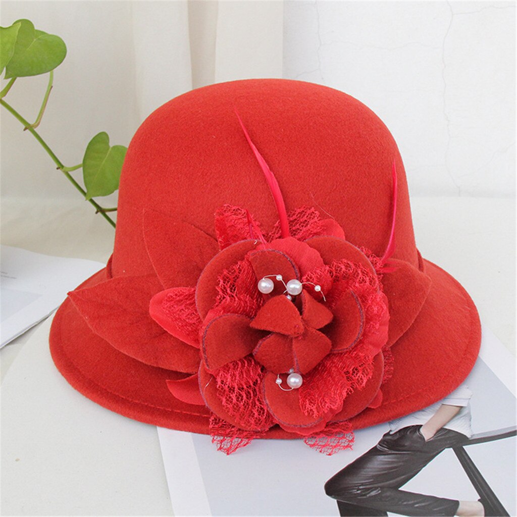 Women Flax Flower Hat Bowler Billycock Cap Sales Vintage Retro Bowler Caps Princess caps chapeau femme Hat Cap For Woman: Red 