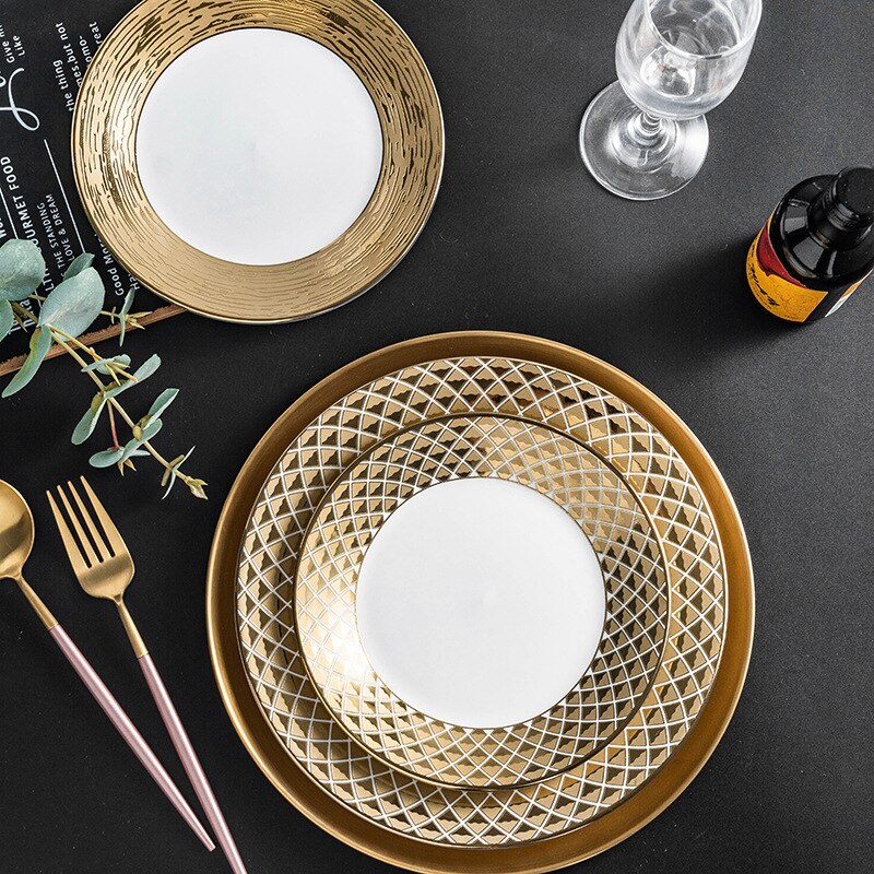 European Style Ceramic Plate Ceramic Dish Sub Simple Golden Trim Western Cuisine Plate Household Fruit Ceramic