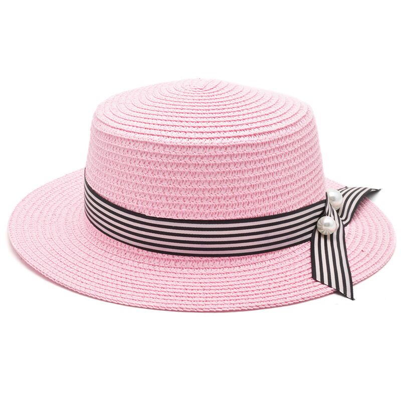 Sombrero de playa de chicas, novedad del en Sombrero de Panamá informal para mujer, sombrero de paja clásico con lazo para mujer, sombrero plano para el sol, sombrero Fedora para mujer: pink / adult55-58m
