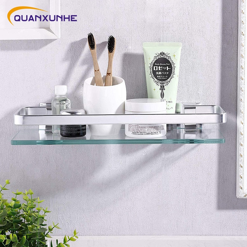 Quanxunhe gehard glazen badkamerplank aluminium opbergrek rechthoekig 30 40 50cm 1 laag zilver zand gespoten