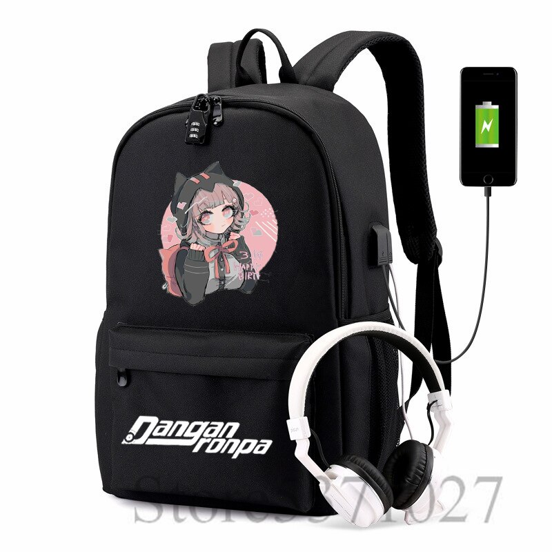 Danganronpa-mochila Ouma Kokichi con carga USB para adolescentes, morral escolar de , bolso de viaje para hombres y mujeres, mochila para ordenador portátil para estudiantes