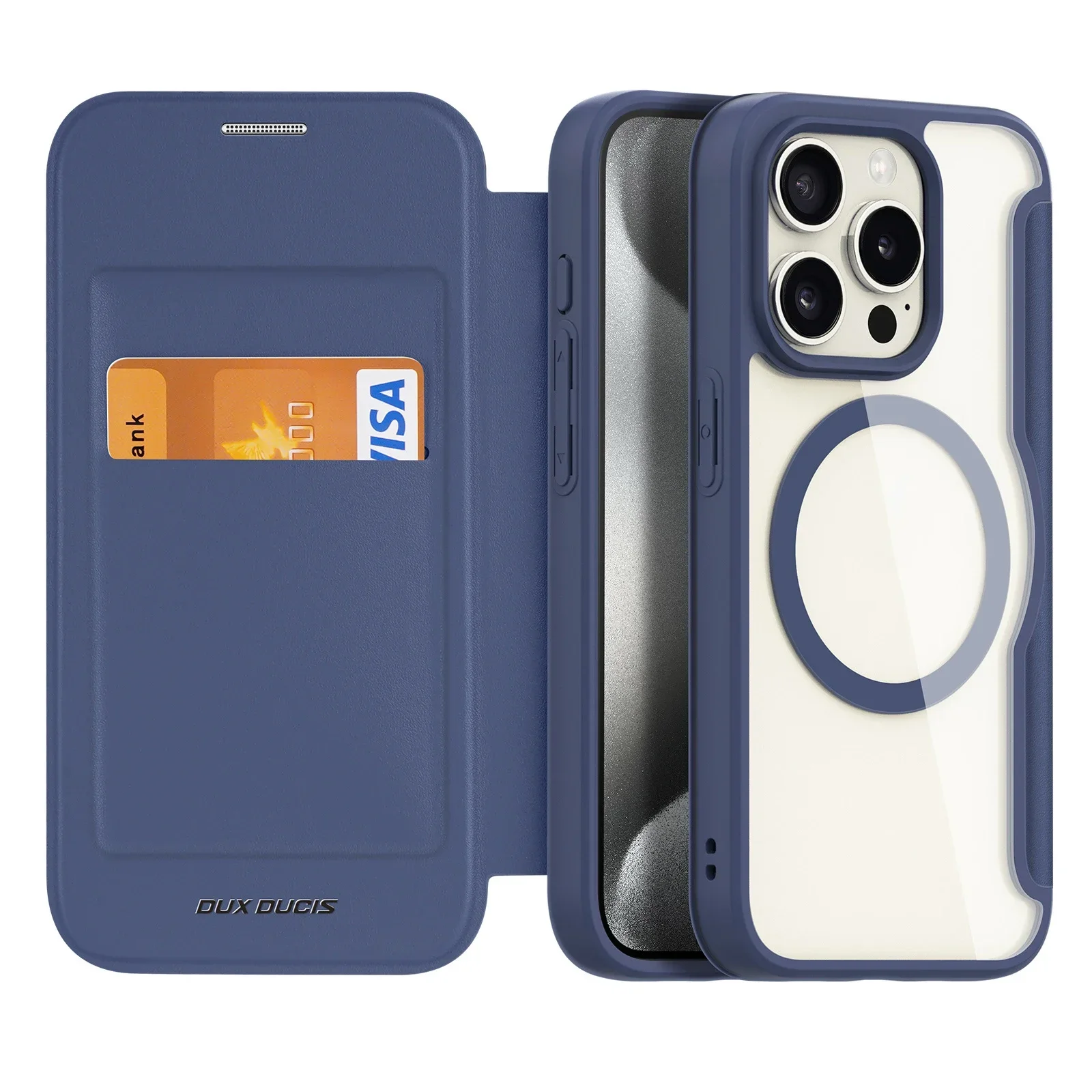 Leather Flip Transparent Phone Case for Iphone 15 14 13 5G Pro Max 15 14 Plus Magsafe Magnetic Charging with Card Holder Cover: Microfiber / Blue