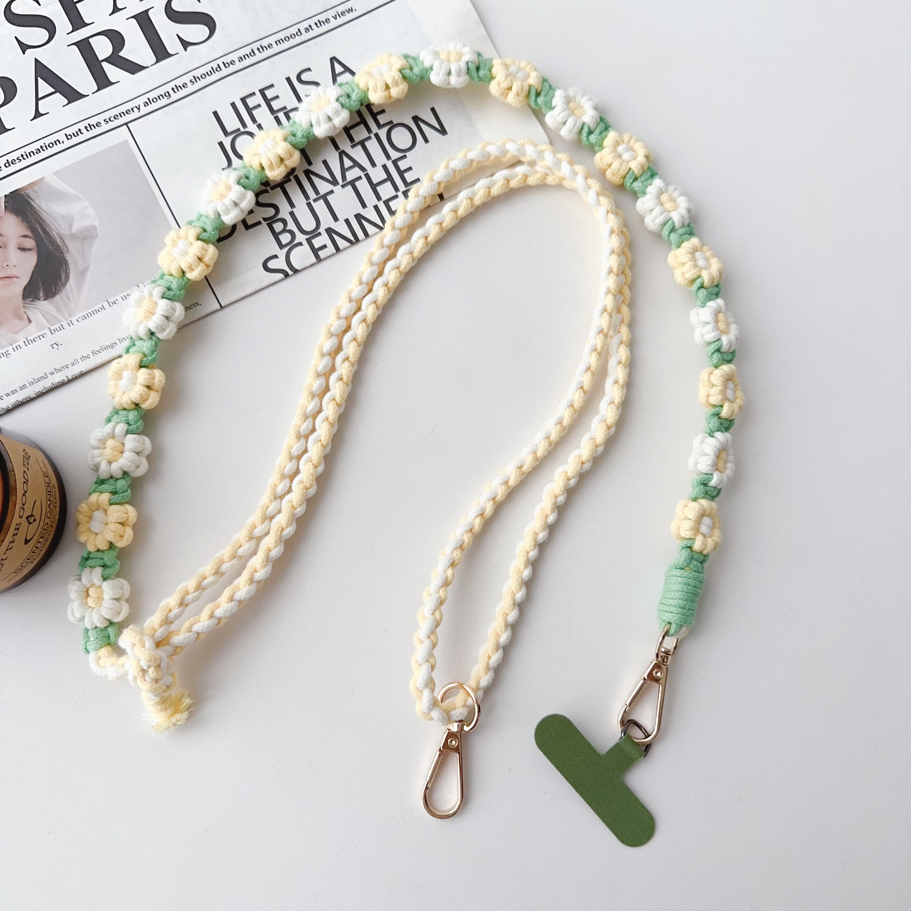 Handgemaakt Madeliefje Verstelbare Lengte Geweven Riem Universele Telefoonband Handgeweven Daisy Bloem Mobiele Telefoon Tas Cross-Body Lanyard: Champagne goud