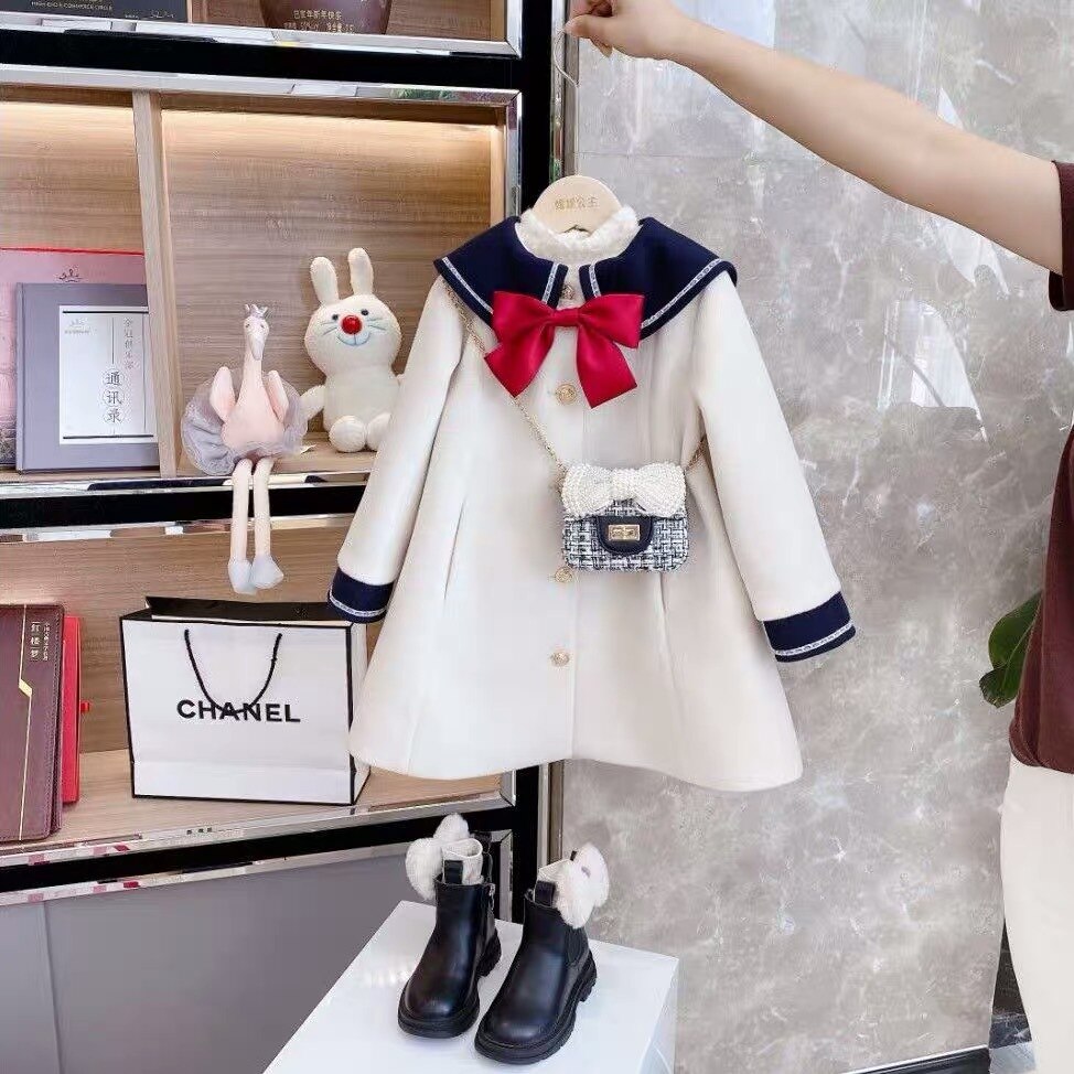 Capispalla in lana per bambini per ragazze BIg Bowk vestito natalizio ragazze coreane addensare cappotto di lana nuovo cappotto invernale per bambini giacca a vento 4-13T