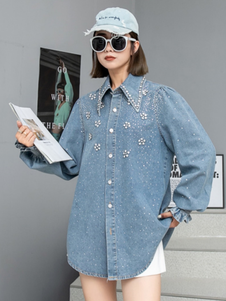Eleganta kvinnor diamanter pärlblommor jeansblusar strass jeansskjortor paljettkofta kristall ytterkläder borrningstoppar blusor
