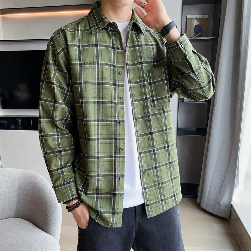 Mærke forår efterår lange ærmer flannel krave korea stil skjorte til mænds plaid harajuku tøj: Df02 4 / 4xl til 190 cm 90kg