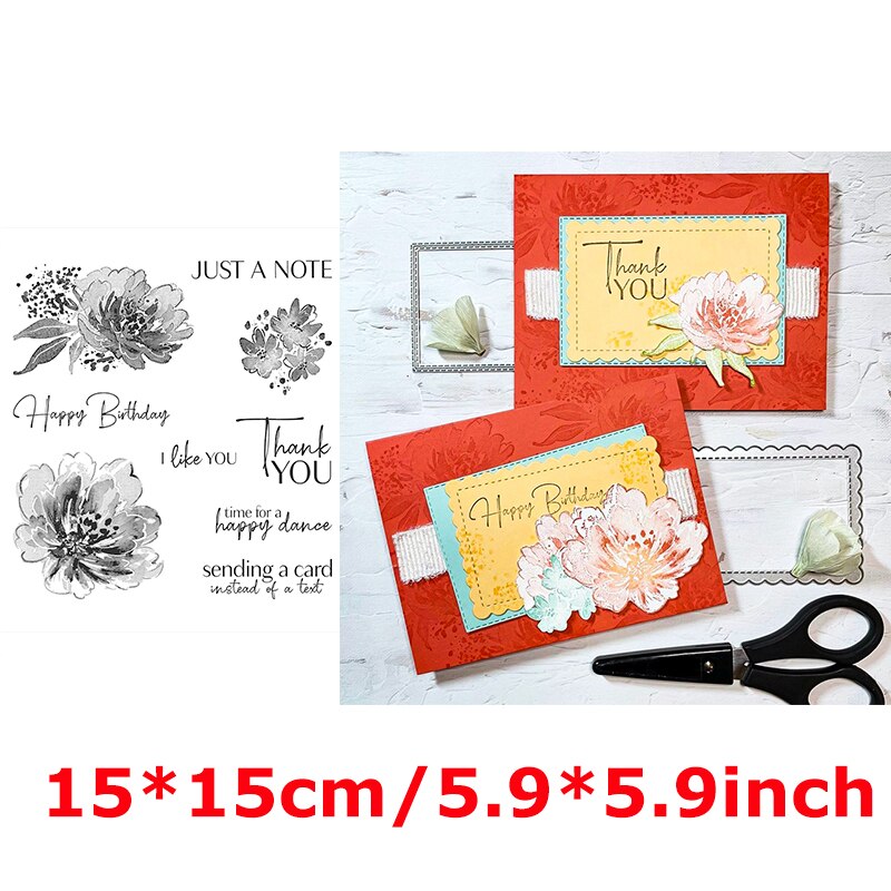 Clear Stamps Happy Birthday Thank You Wishes Artistic Words Flowers Wave Doodle Background Stamps Girl Relaxing Scene: 11