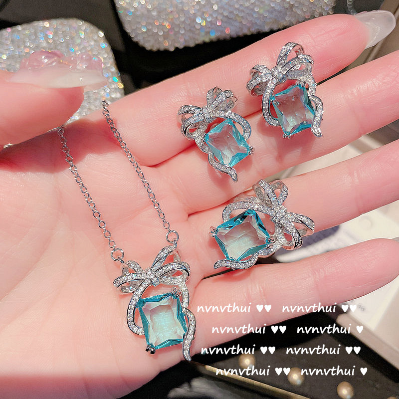 brillant Meer Blau CZ Stein Schmuck einstellen Damen Silber Farbe Bowknot Hochzeit Engagement Braut Partei Schmuck