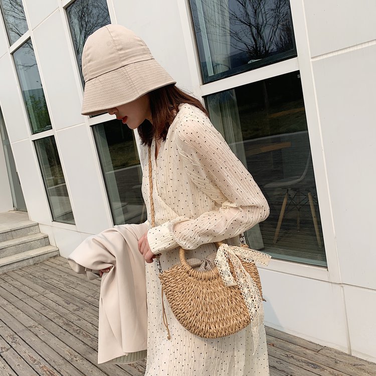 Ins bolsas feitas à mão meio redonda femininas, bolsa de palha de tecido, feita a mão para mulheres, cordão para o verão 2020