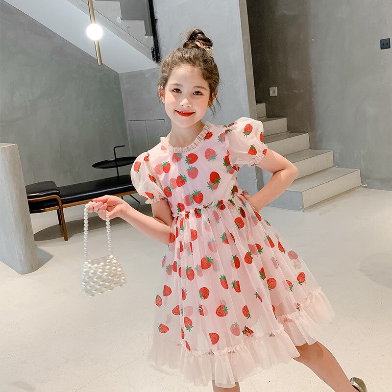 Kids Clothes Girls Summer Dress Children Clothes Puff Sleeve Pink Strawberry Princess Dress Vestidos Toddler Teen Dresses