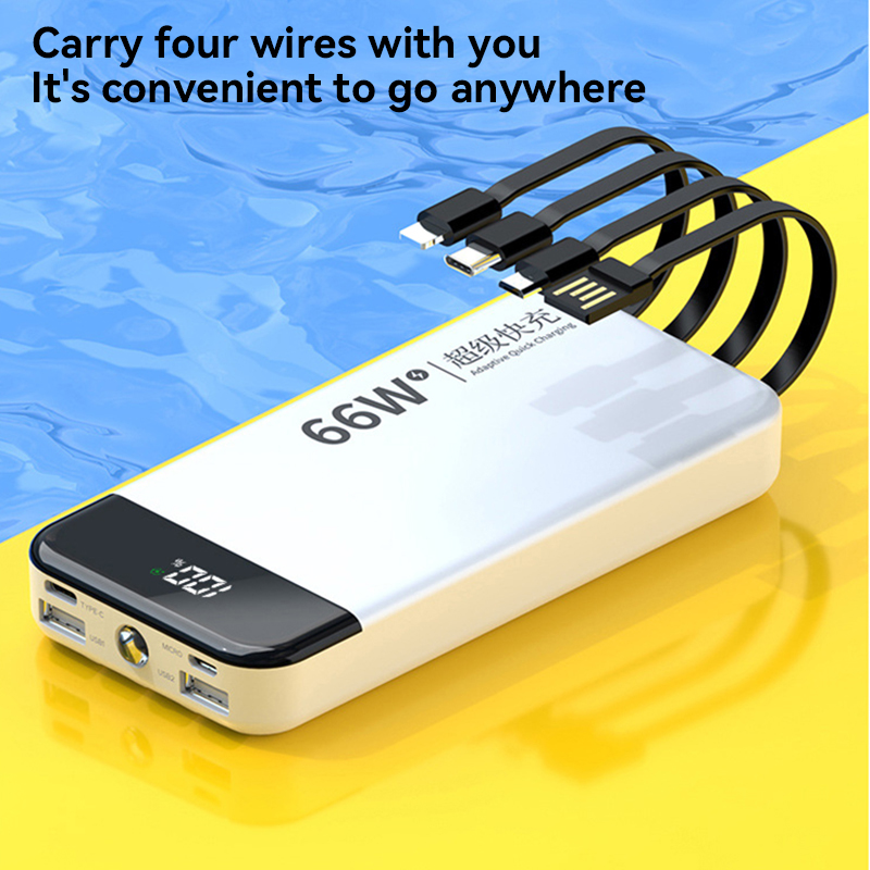 66W Super Fast Charging 100000mAh Power Bank With Built-in Cable Large Capacity Portable Digital Display Charger Spare Battery