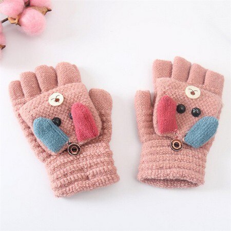 Winter Weihnachten Kinder Warme Handschuhe Grundschule Kaschmir Stricken Wolle Flip Halb Finger Handschuhe Cartoon Fäustlinge Für Jungen Mädchen 6-12Y: Rosa