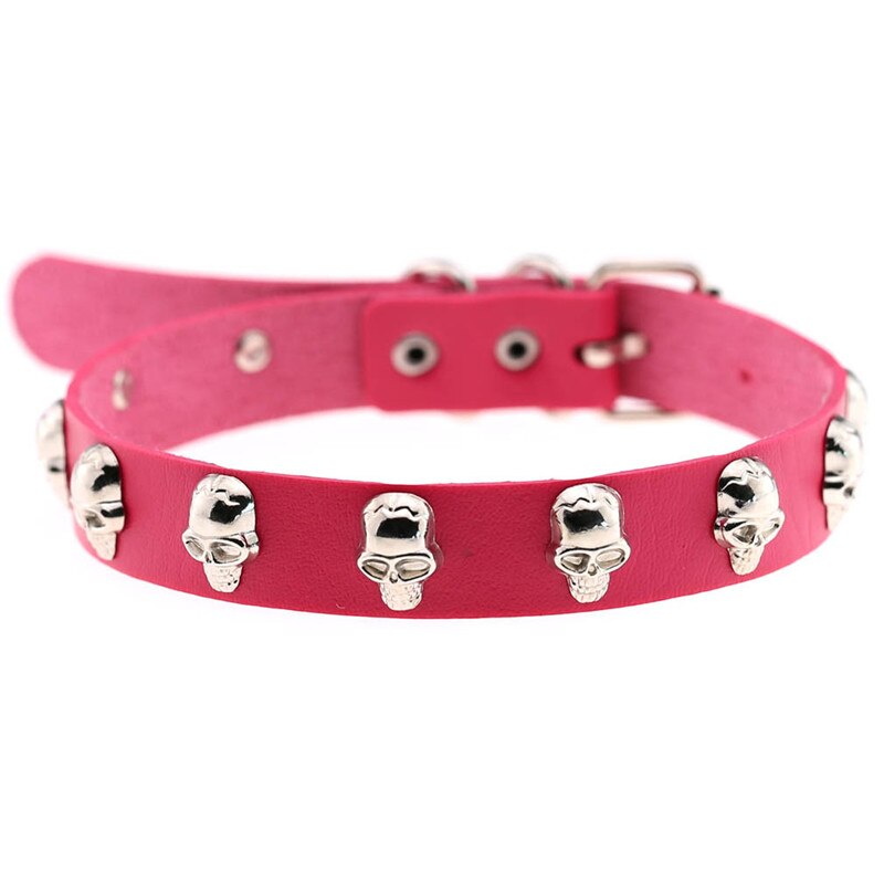 Trendy Punk Rock Silver Color Alloy Skull Leather Choker Necklace For Women Men Collar Jewelry: Rose