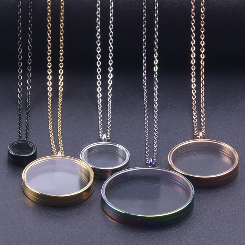 1Pc Stainless Steel Round Reliquary Coin Holder Locket Pendant Women Necklaces Glass Floating Ashes Relicario Collares Jewelry