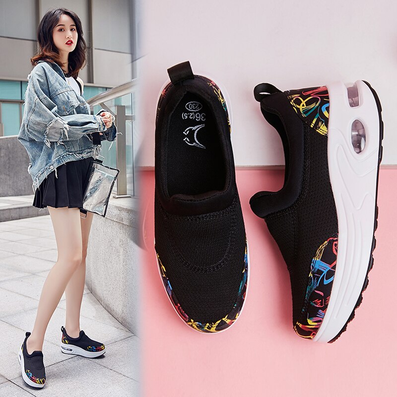 Kvinner casual shake sko lette slip on wedge platform joggesko kvinner pustende sommer minika swing sko scarpe dimagranti: Svart / 7