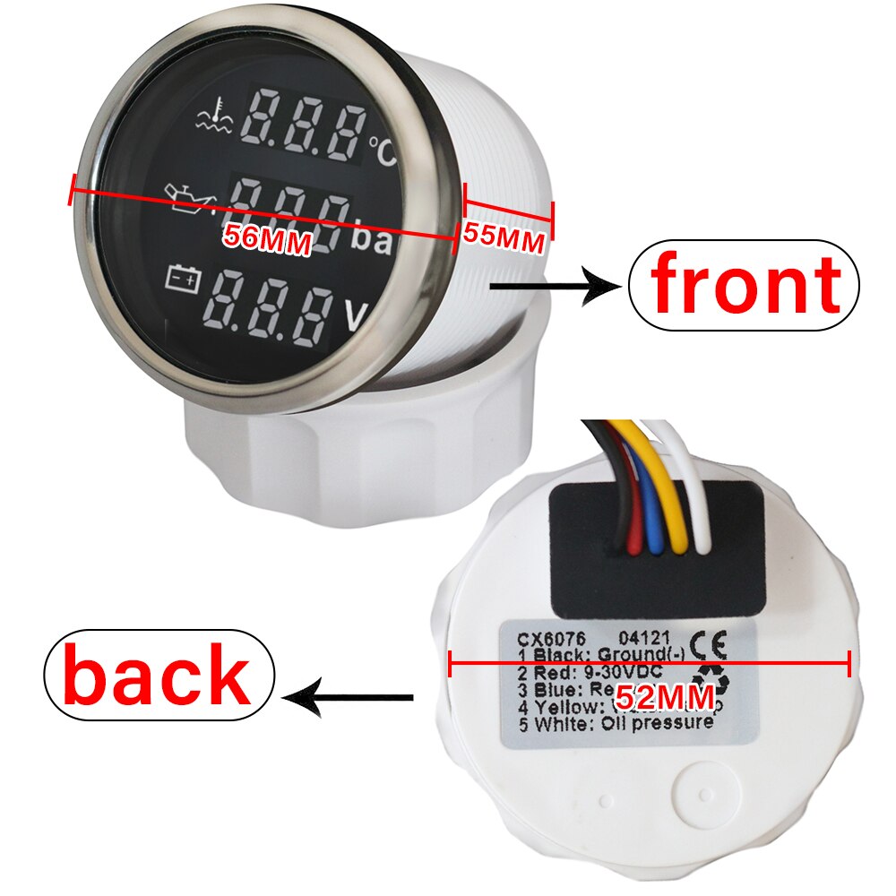 52mm Universal 3 in 1 Multi-Function Digital Gauge Waterproof Automotive Accessory Red/Yellow Backlight Available