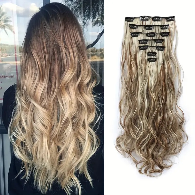 Extensiones de cabello con Clip, 7 Uds., cabeza completa, 22 pulgadas de largo, rizado, ondulado, sintético, Ondulado Natural para mujeres y niñas: P6 / 613