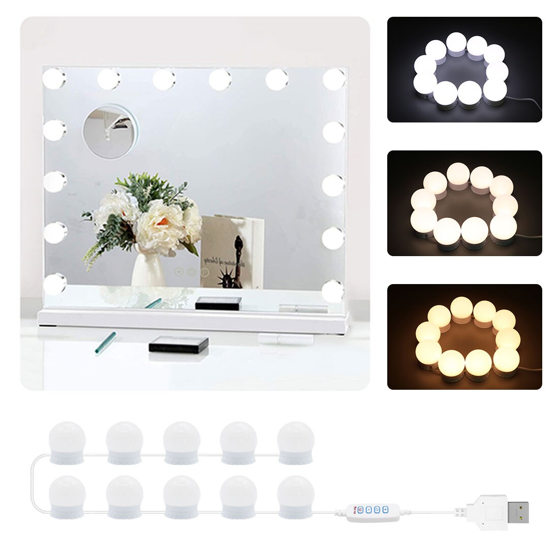 Led Make-Up Spiegel Licht Usb 14 Lampen Kaptafel Ijdelheid Lamp Led Cosmetische Verlichting Traploos Dimbare Badkamer Spiegel Lamp