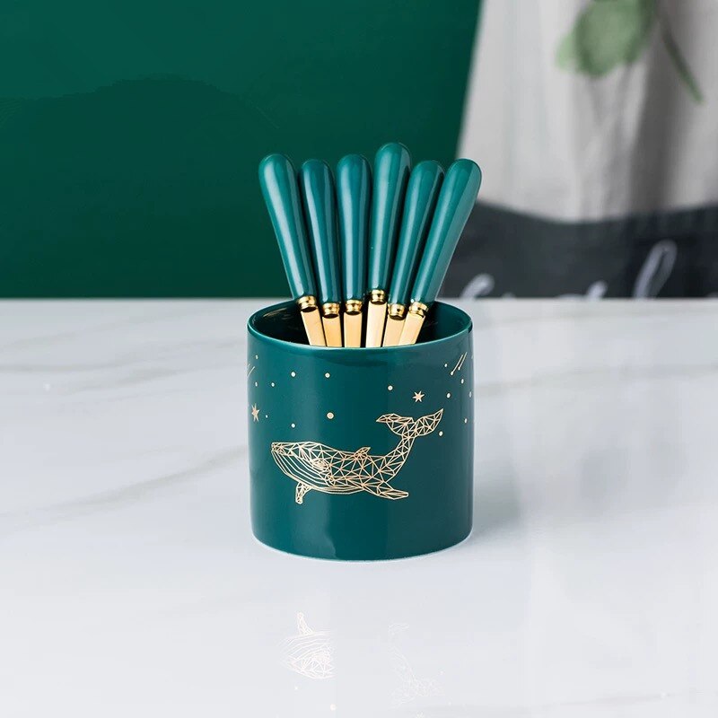 Nordic Ceramic Stainless Steel Fruit Fork Storage Tube Dessert Fork Cake Fork Fruit Fork Storage Pot Living Room Fruit Fork Set: 6 forks pot 8